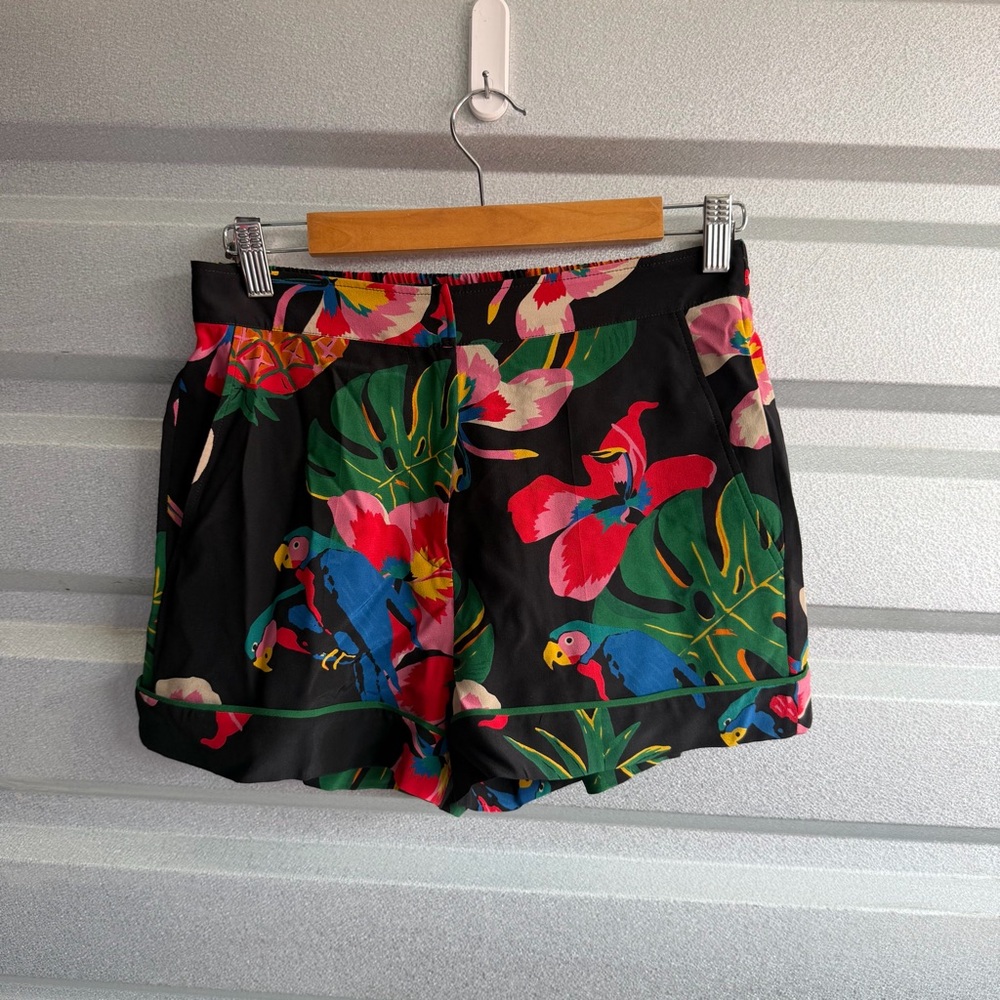 VALENTINO Hawaiian Couure 100% silk crepe parrot floral print high shorts
